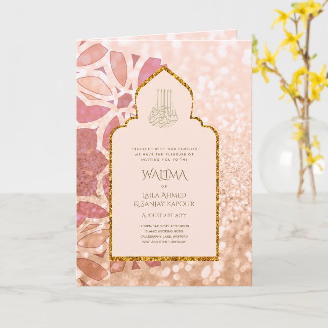 Ornamental Bilingual WALIMA Nikah Muslim Wedding Card (Yellow Flower)