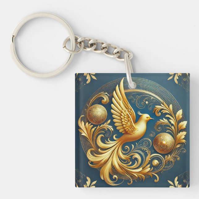 Ornamental Bird Gold Emblem Charm Keychain (Front)