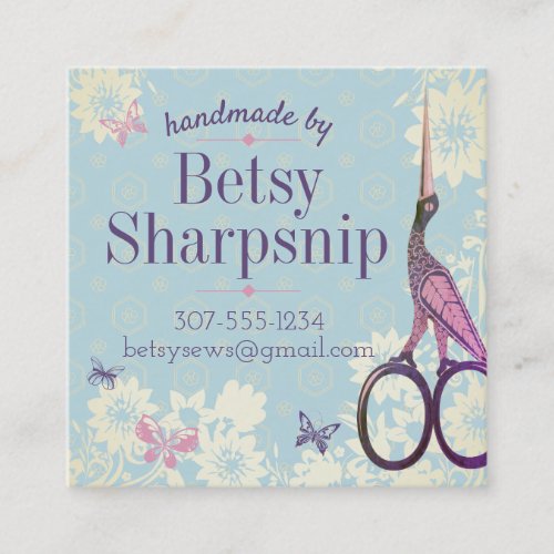 Ornamental bird stork scissors sewing embroidery square business card