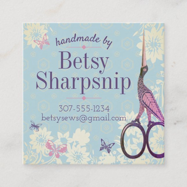 Ornamental bird stork scissors sewing embroidery square business card (Front)