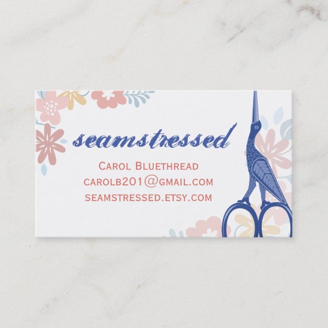 Ornamental bird stork scissors sewing seamstress business card (Front)