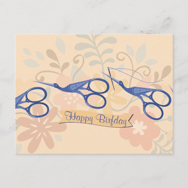 Ornamental bird stork scissors sewing seamstress postcard (Front)