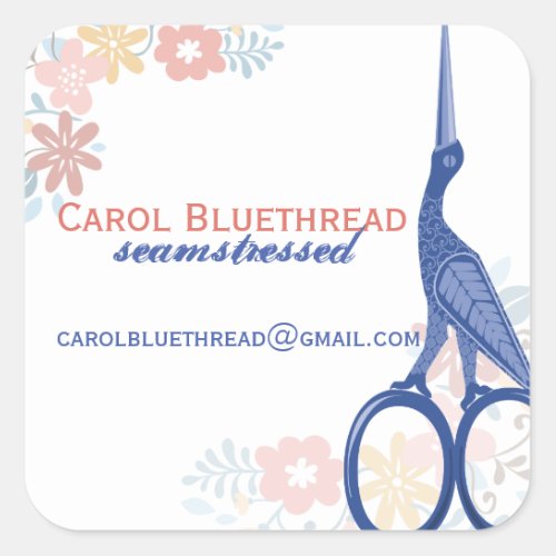 Ornamental bird stork scissors sewing seamstress square sticker