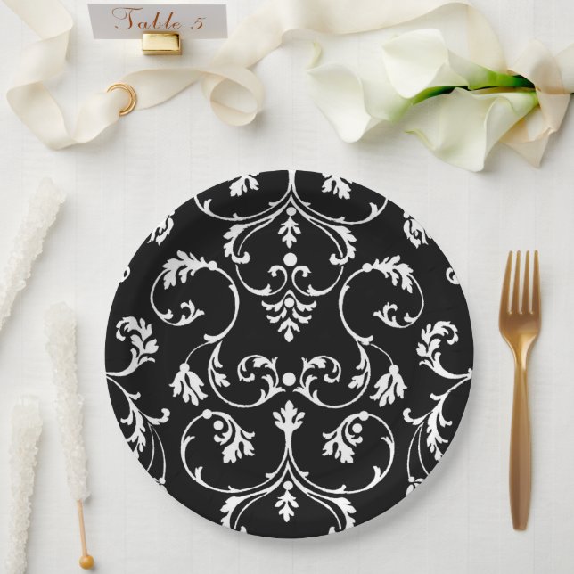 Ornamental black and white pattern paper plates (Wedding)
