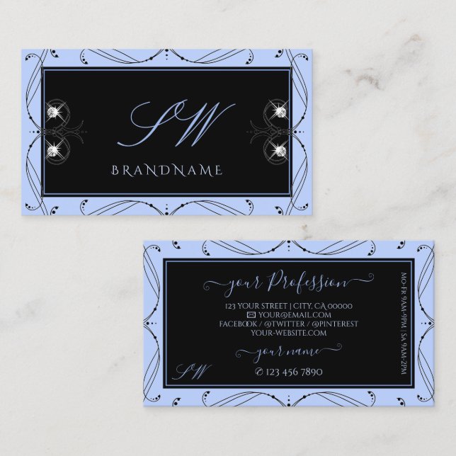 Ornamental Black Blue Sparkling Diamonds Initials Business Card (Front/Back)