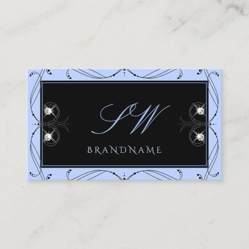 Ornamental Black Blue Sparkling Diamonds Initials Business Card