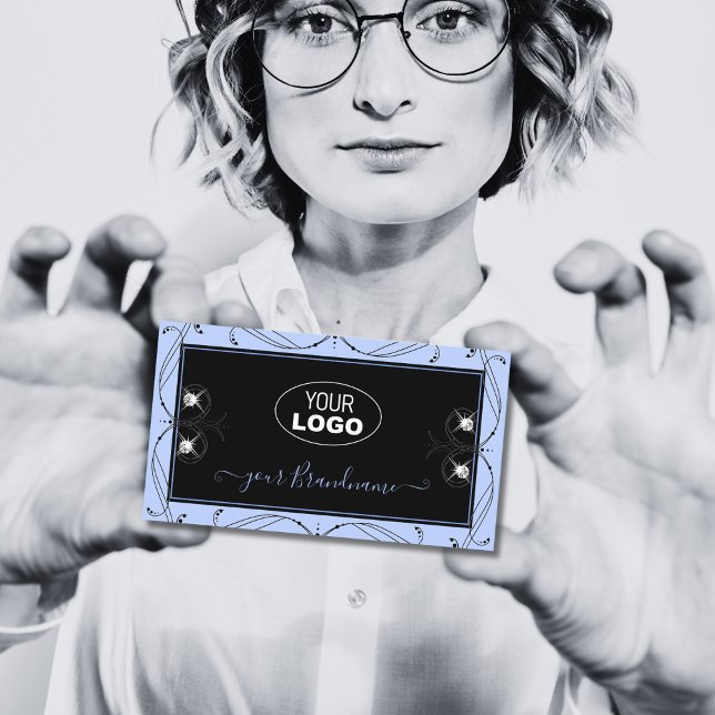 Ornamental Black Blue Sparkling Diamonds with Logo Business Card (Creator Uploaded)