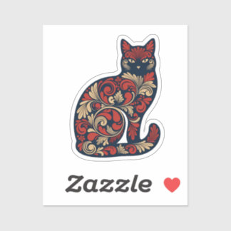 Ornamental Black Cat Sticker - Red & Blue Floral