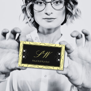 Ornamental Black Cream Sparkling Diamonds Monogram Business Card