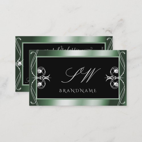 Ornamental Black Green Sparkle Diamonds Initials Business Card