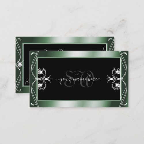 Ornamental Black Green Sparkle Diamonds Monogram Business Card