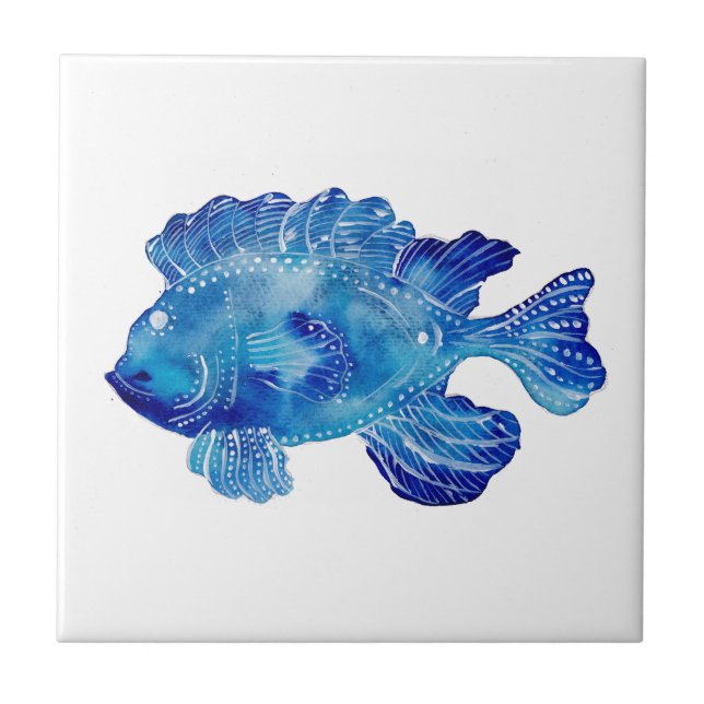 Ornamental Blue Fish Tattoo Ceramic Tile (Front)