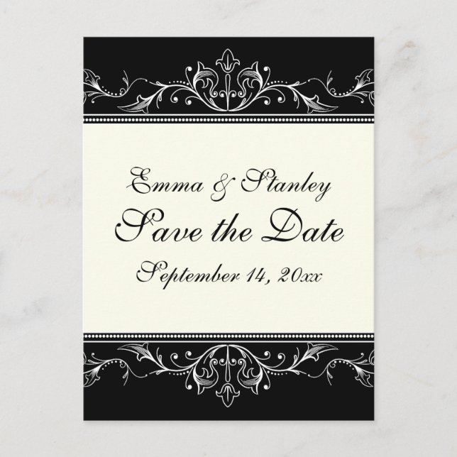 Ornamental border black white Save the Date Announcement Postcard (Front)