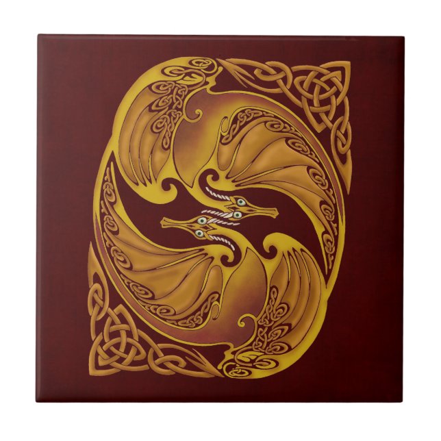 Ornamental Celtic Dragons Ceramic Tile (Front)