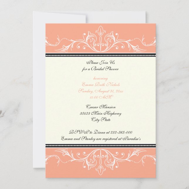 Ornamental coral white bridal shower invitation (Front)