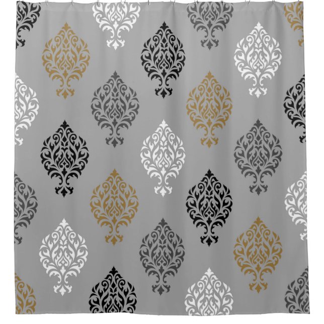 Ornamental Damask Ptn Black White Grays Gold Shower Curtain (Front)