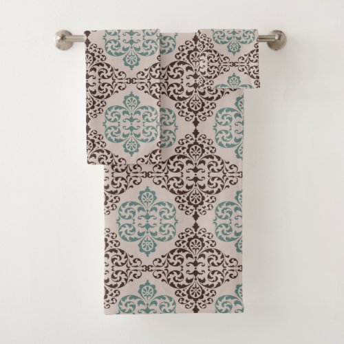 Ornamental Damask Style Pattern in Blue and Brown Bath Towel Set