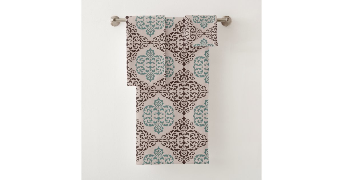 Ornamental Damask Style Pattern in Blue and Brown Bath Towel Set Zazzle