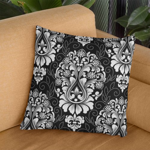 Ornamental Damask White black Floral Throw Pillow