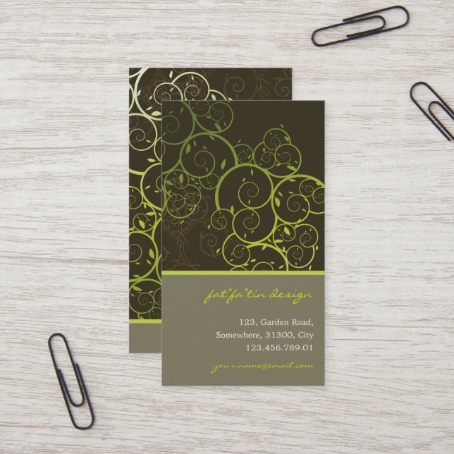 Ornamental Deco Green Spiral Vines Pattern Nature Business Card (Front/Back In Situ)