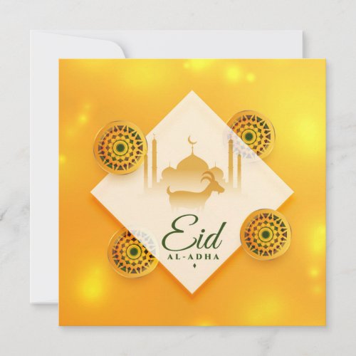 Ornamental Eid ul Adha Mubarak Goat Mosque Yellow Holiday Card
