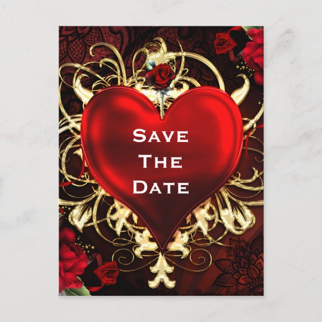 Ornamental Elegant Floral Heart Black Red & Gold Announcement Postcard (Front)