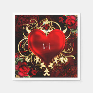Ornamental Elegant Floral Heart Black Red Gold Paper Napkins