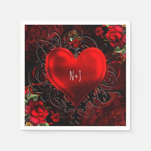 Ornamental Elegant Floral Heart Black  Red Party Paper Napkins