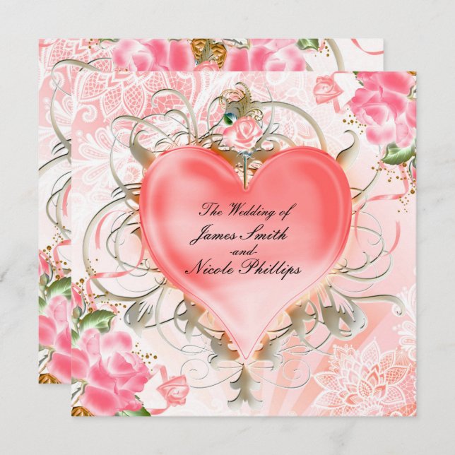 Ornamental Elegant Floral Heart Peach Invitations (Front/Back)