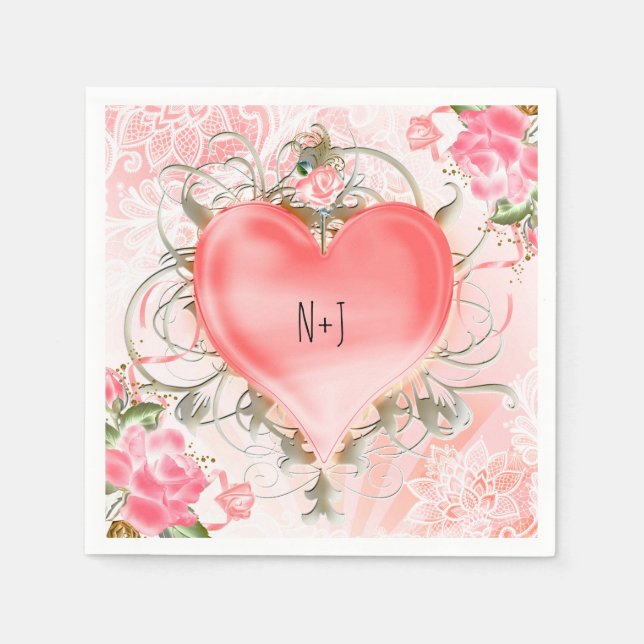 Ornamental Elegant Floral Heart Peach Party Paper Napkins (Front)