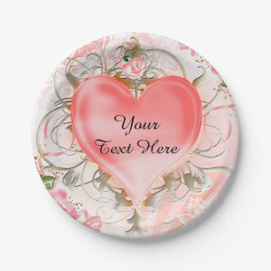 Ornamental Elegant Floral Heart Peach Party Paper Plates