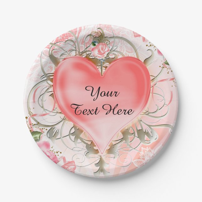 Ornamental Elegant Floral Heart Peach Party Paper Plates (Front)