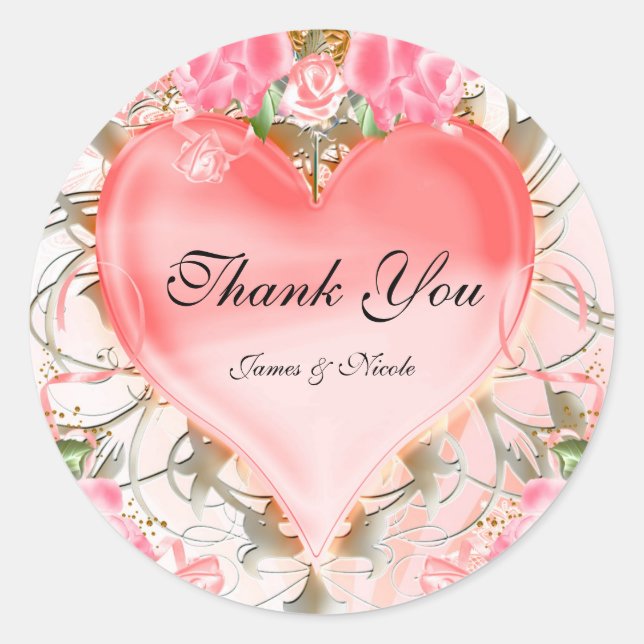 Ornamental Elegant Floral Heart Peach Roses Classic Round Sticker (Front)