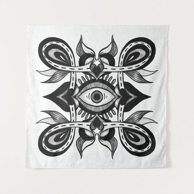Ornamental Eye - Weirdcore Botanical Tattoo Style Tapestry (Front)