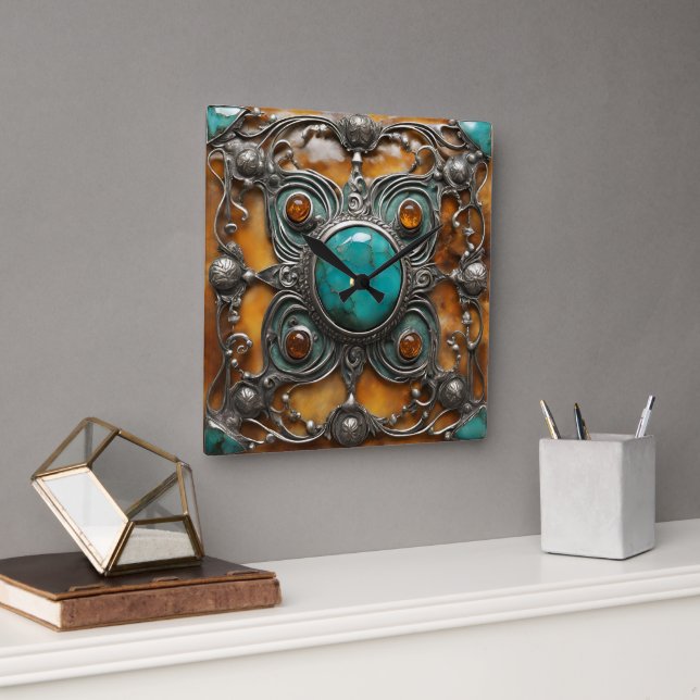 Ornamental Fire Jewel with Verdigris & Silver Lace Square Wall Clock (Office)