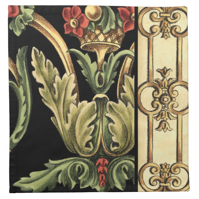 Ornamental Floral Design with Black Borders Cloth Napkin (Front)