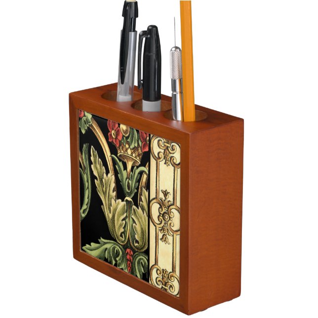 Ornamental Floral Design with Black Borders Desk Organizer (In Situ)