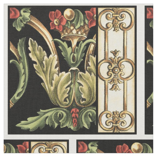 Ornamental Floral Design with Black Borders Fabric (Close Up)