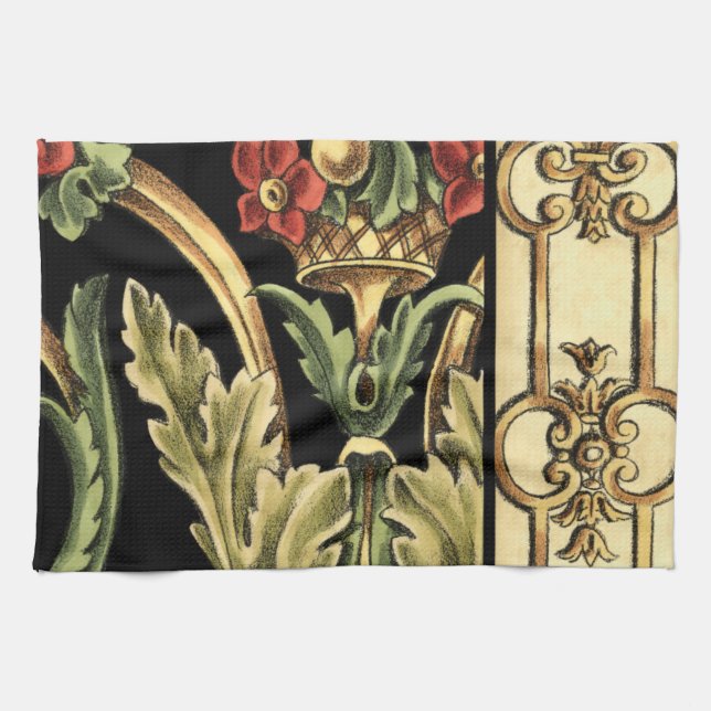 Ornamental Floral Design with Black Borders Kitchen Towel (Horizontal)