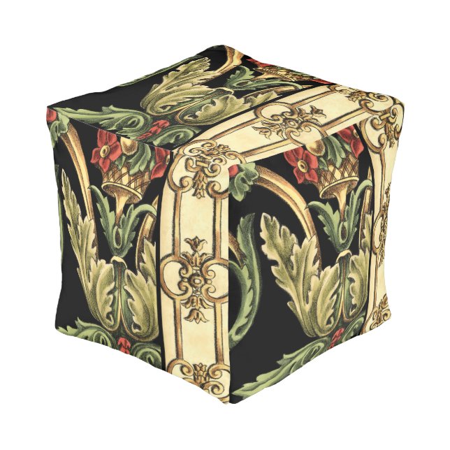 Ornamental Floral Design with Black Borders Pouf (Angled Front)