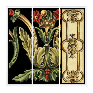 Ornamental Floral Design with Black Borders Triptych