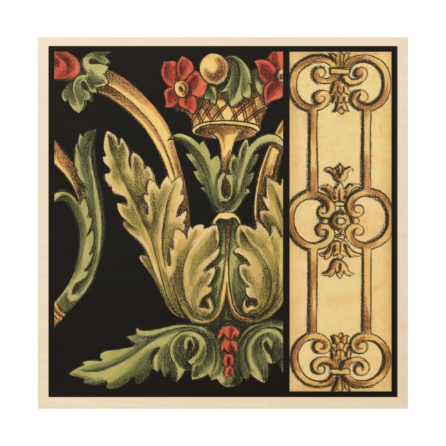 Ornamental Floral Design with Black Borders Wood Wall Art (Front)