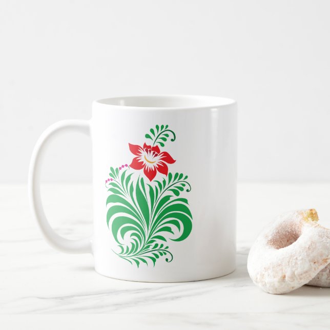 Ornamental Floral Flower Design – Elegant Coffee Mug (With Donut)