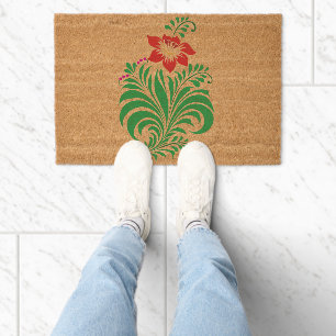 Ornamental Floral Flower Design – Elegant Fiber Doormat