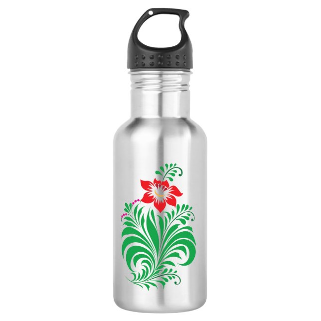 Ornamental Floral Flower Design – Elegant Stainless Steel Water Bottle (Front)