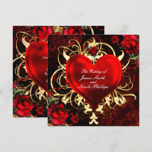 Ornamental Floral Heart Black Red Gold Invitations