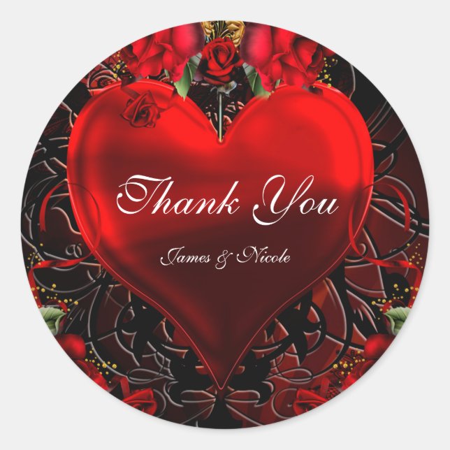 Ornamental Floral Heart Black & Red Gothic Romance Classic Round Sticker (Front)