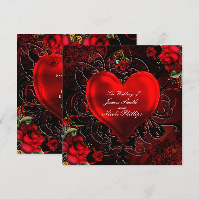 Ornamental Floral Heart Black & Red Gothic Romance Invitation (Front/Back)