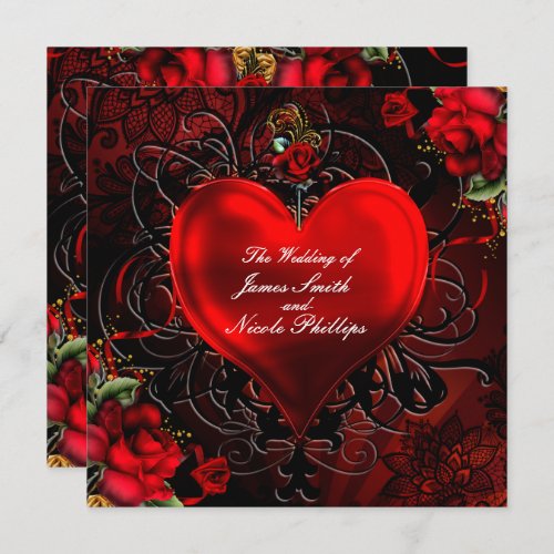 Ornamental Floral Heart Black  Red Gothic Romance Invitation