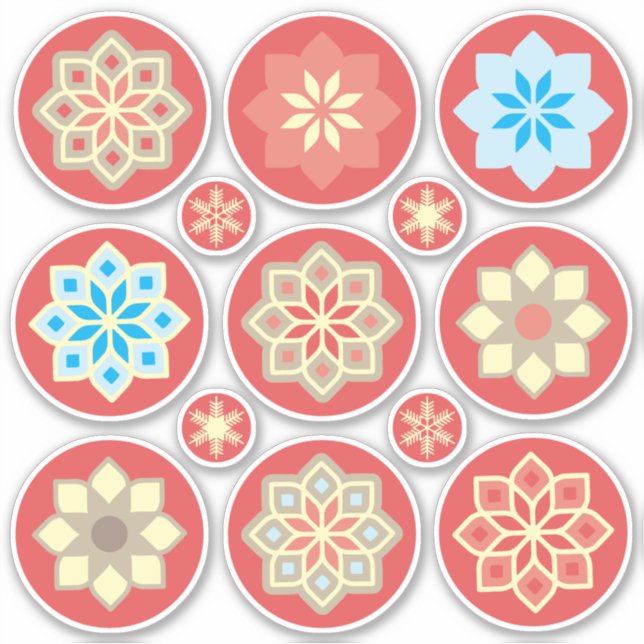 Ornamental flowers and snowflakes on red CC0245 Sticker (Front)